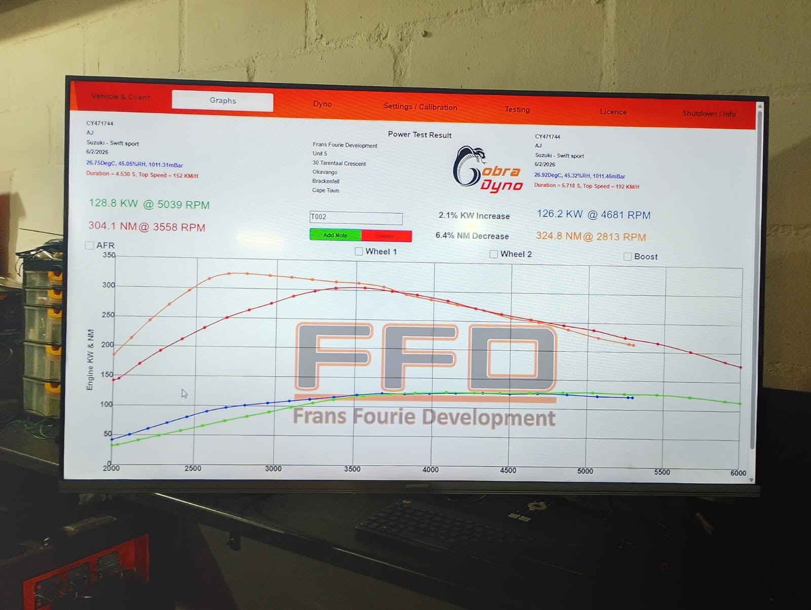 Dyno power test result graph — dyno is available on request